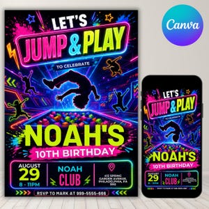 Op de afbeelding: Een neon-thema verjaardagsuitnodiging flyer en smartphone display met de tekst LET'S JUMP & PLAY TO CELEBRATE NOAH'S 10TH BIRTHDAY. Het ontwerp bevat silhouetten van springende mensen, een schuimblokkenbak en details voor 29 augustus.