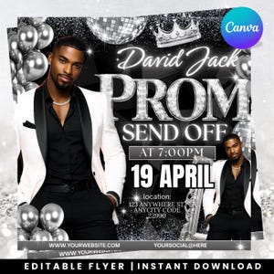 Könnte beinhalten: Prom-Send-Off-Flyer mit einem Mann in einem weißen Smoking-Jackett und einem schwarzen Hemd. Der Flyer enthält den Text "David Jack PROM SEND OFF" mit Datum und Uhrzeit. Silberne Ballons und Discokugeln sind im Hintergrund.
