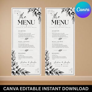 May include: Two identical vertical menu cards featuring black and white floral illustrations at the top and bottom corners. The text includes "the MENU," "STARTER," "MAIN COURSE," "DESSERT," and the names "Andrew & Amelia" with the date 07.11.2027.