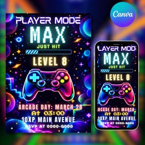 May include: A vibrant invitation design with a gaming theme. The design features the text "PLAYER MODE MAX" and "LEVEL 8" in neon colors, along with a game controller graphic. The invitation also includes event details: "ARCADE DAY: MARCH 28 AT 03:00 10XP MAIN AVENUE".