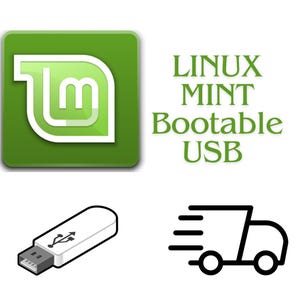 May include: A green square with a white logo and the words "LINUX MINT Bootable USB". Below is a white USB drive with a USB symbol and a black and white graphic of a delivery truck.