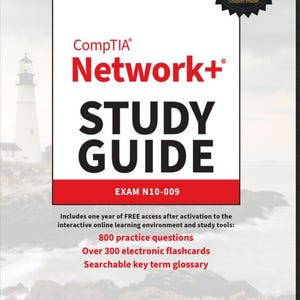 Puede incluir: Una portada de libro blanca con el título "CompTIA Network+ Study Guide" en letras grandes y en negrita. La portada incluye el texto "Exam N10-009" y detalles sobre preguntas de práctica y tarjetas didácticas. También se incluye un cupón para un 10% de descuento en los vales de examen CompTIA.