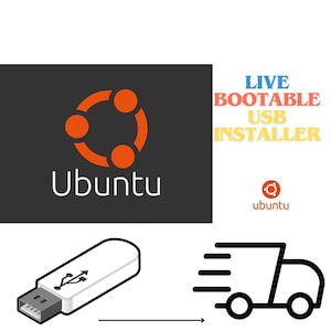 May include: An image featuring the Ubuntu logo in orange and white on a dark gray background. The text "LIVE BOOTABLE USB INSTALLER" is displayed in blue, red, and yellow. A USB drive and a delivery truck icon are also present.