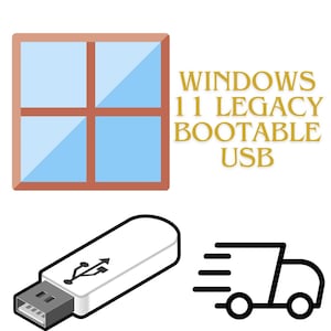 May include: An illustration featuring a stylized window, a USB drive, and a delivery truck icon. The text "WINDOWS 11 LEGACY BOOTABLE USB" is also present. The USB drive is white with a black USB symbol.