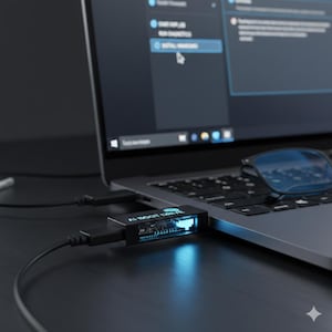 May include: A black laptop with a connected black device labeled "AI BOOT DRIVE" with a blue illuminated display. A pair of glasses rests on the laptop keyboard. The laptop screen displays a software interface.