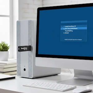 May include: A desktop computer setup featuring a silver tower with a black BootDrive OS v1.0 drive attached. A monitor displays a blue screen with software installation options. A keyboard and mouse are in the foreground.