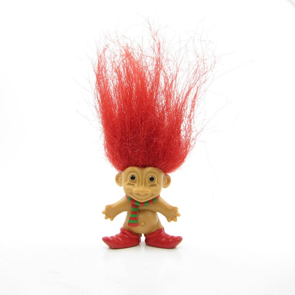 Troll Pin Vintage Russ Christmas Wishnik Lapel with Red Hair, Scarf, Elf Shoes