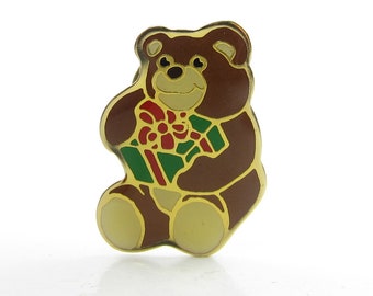 Teddy Bear Pin Vintage Christmas Enamel Lapel Tack with Present