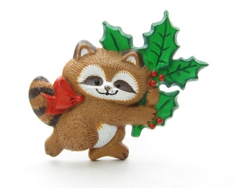 Hallmark Raccoon Pin with Holly Vintage Plastic Christmas Holiday Lapel Brooch