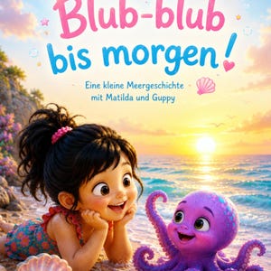 Peut inclure: Illustration colorée d'une petite fille et d'une pieuvre violette sur une plage. La fille, aux cheveux foncés, sourit à la pieuvre. L'image contient le texte "Blub-blub bis morgen!" et "Eine kleine Meergeschichte mit Matilda und Guppy."