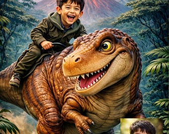 Poster personalizzato con dinosauri, nome e nome del bambino – Download digitale per camerette in formato A4, A3, A2, A1