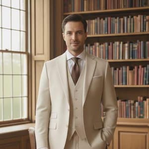 Men's 3-Piece Luxury menswear elegance in an ivory suit, refined tailoring, quiet confidence. image 1