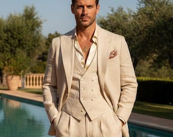 Men's Beige Linen 3-Piece Suit – Summer Wedding Formal Slim Fit Outfit