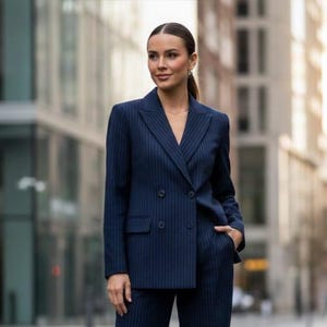 May include: A navy blue pinstripe suit, featuring a double-breasted blazer and matching trousers. The blazer has a notched lapel and button closure. The suit is worn by a person standing outdoors in front of a blurred city background.