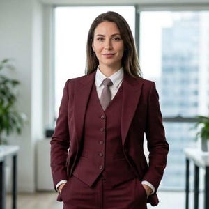 Könnte beinhalten: Ein bordeauxfarbener Dreiteiler, bestehend aus Blazer, Weste und Hose. Der Anzug wird mit einem weißen Hemd mit Kragen und einer gemusterten Krawatte kombiniert. Die Frau steht in einem Büro, die Hände in den Taschen.