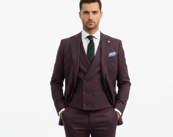 Plum Burgundy 3 Piece Suit, Double Breasted Vest, Custom Tailored Men's Formal Set