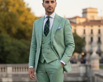 Sage Green Linen 3 Piece Suit, Double Breasted Vest, Slim Fit Wedding Groom Suit