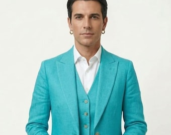 Turquoise Linen 3-Piece Suit, Handmade Tailored Slim Fit Wedding Groom Prom Formal Wear