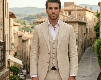 Traje de tres piezas de lino beige para hombre, corte ajustado, ideal para bodas de verano o para la playa.