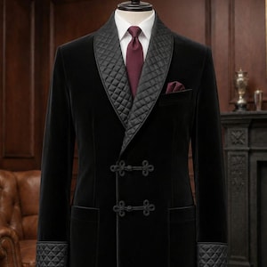Blazer de terciopelo negro para hombre, chaqueta de fumar de lujo, cuello chal acolchado, chaqueta de esmoquin con botones de nudo mandarín, traje de noche para novio de boda