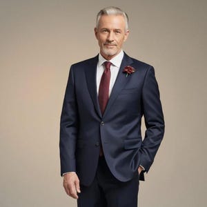 May include: A navy blue suit jacket with a white collared shirt and a solid dark red tie. A small dark red flower boutonniere is pinned to the left lapel of the jacket. The jacket features two buttons, notched lapels, and two flap pockets.