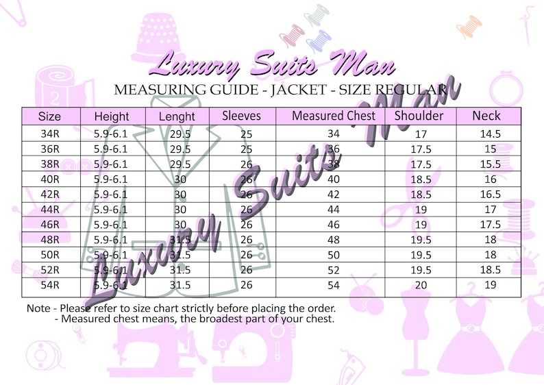 May include: A size chart for men's jacket sizes, labeled "Luxury Suits Man." The chart includes measurements for size, height, length, sleeves, measured chest, shoulder, and neck. The text at the bottom says to refer to the size chart before ordering.