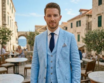Men's Sky blue Linen 3-Piece Suit, Slim Fit Summer Wedding Attire, Beach Groom Outfit
