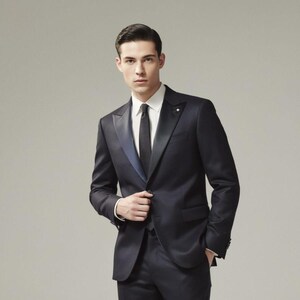 May include: A dark navy blue suit jacket with a satin peak lapel, worn over a crisp white button-down shirt and a solid black necktie. The jacket features a single-button closure, structured shoulders, and a small metallic lapel pin detail.