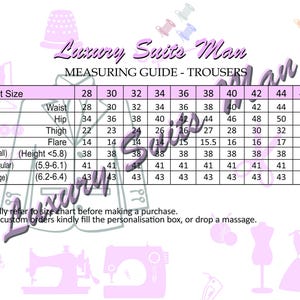 May include: A measuring guide for trousers, featuring a size chart with waist, hip, thigh, and outseam measurements in inches. The chart includes sizes from 28 to 48, with a note to refer to the size chart before purchasing.