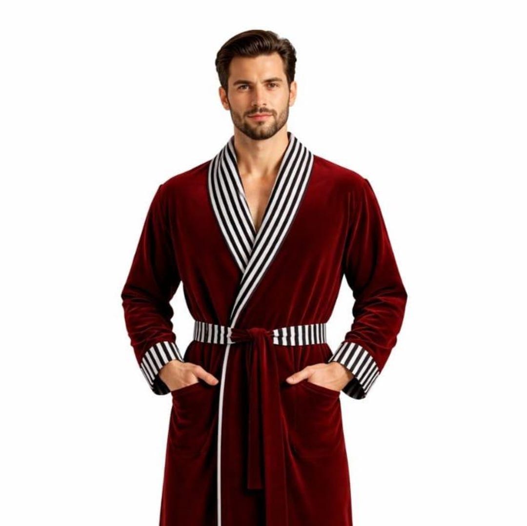 Men Fancy Robe Men’s Luxury Red Velvet Robe With Black and White Striped Trim ...