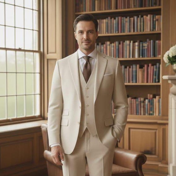 Men's 3-Piece Luxury menswear elegance in an ivory suit, refined tailoring, quiet confidence.