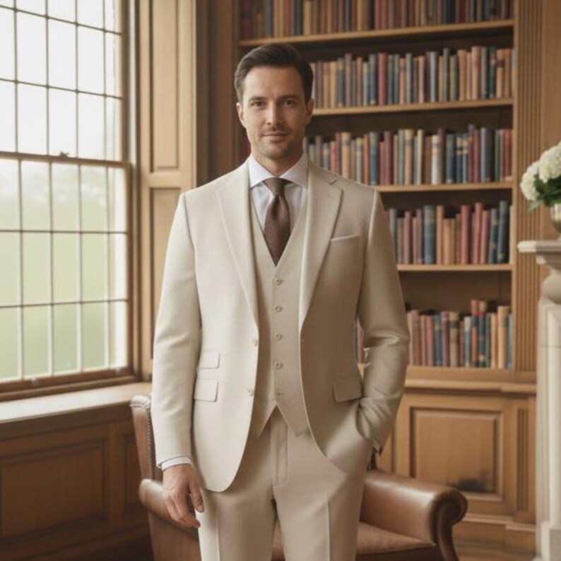 Men's 3-Piece Luxury menswear elegance in an ivory suit, refined tailoring, quiet confidence. image 1