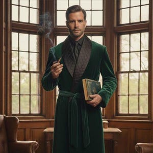 May include: A dark green velvet robe with a quilted black collar and matching belt. The robe is worn over a black shirt and tie. A pipe is held in one hand, and a book in the other. The background features a large window.