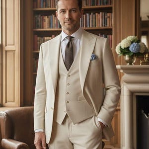 May include: A three-piece beige suit with a white dress shirt and patterned tie. The suit includes a blazer, vest, and trousers. A pocket square adds a touch of color. The man is standing in front of a bookshelf.