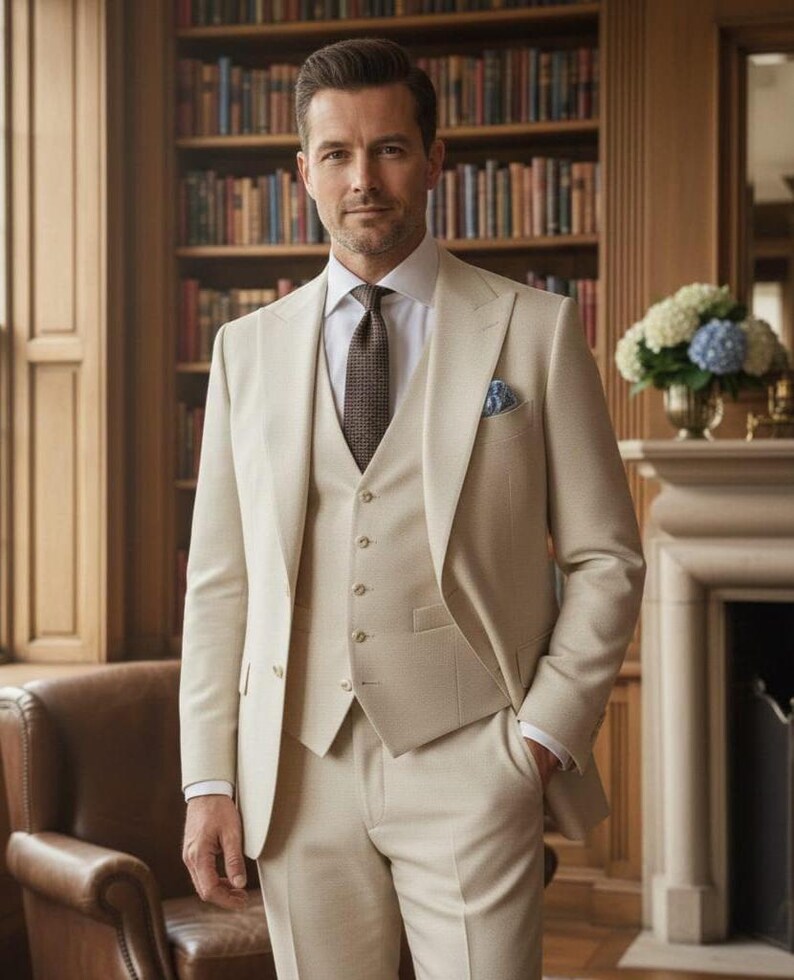 May include: A three-piece beige suit with a white dress shirt and patterned tie. The suit includes a blazer, vest, and trousers. A pocket square adds a touch of color. The man is standing in front of a bookshelf.