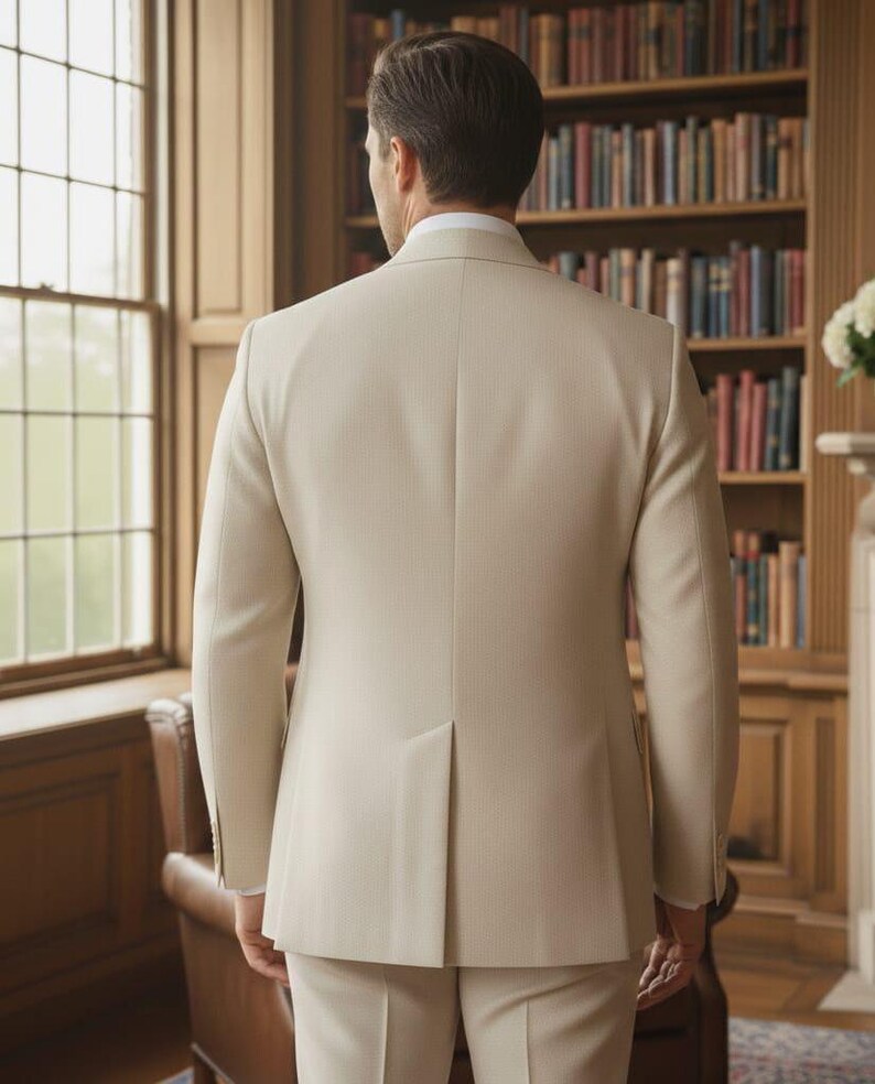 May include: A beige suit, consisting of a tailored jacket and matching trousers, is shown from the back. The jacket has a notched lapel and a vent in the back. The suit is worn over a white dress shirt. The background includes a window, a bookshelf, and a leather chair.