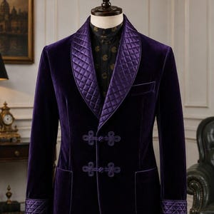 Blazer de terciopelo morado para hombre, chaqueta de fumar de lujo, cuello chal acolchado, chaqueta de esmoquin con botones de nudo mandarín, traje de noche para novio de boda