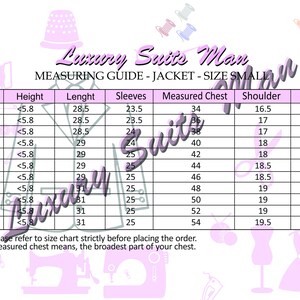 May include: A size chart for a jacket, labeled "Luxury Suits Man." It includes measurements for size, height, length, sleeves, measured chest, shoulder, and neck. The chart is in a pink and white color scheme.