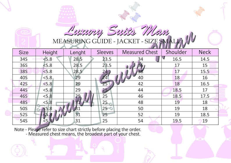 May include: A size chart for a jacket, labeled "Luxury Suits Man." It includes measurements for size, height, length, sleeves, measured chest, shoulder, and neck. The chart is in a pink and white color scheme.