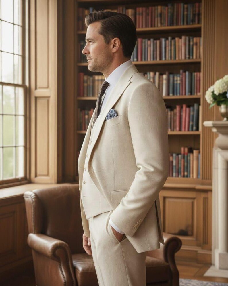 May include: A three-piece beige suit with a white dress shirt and patterned tie. The suit includes a jacket, vest, and trousers. A pocket square is visible in the jacket pocket. The background features a library with bookshelves and a leather armchair.