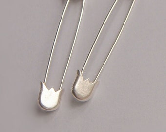 Sterling Silver Safety Pin Earrings, Oval Stud Hoops with Tulip, 925 Silver