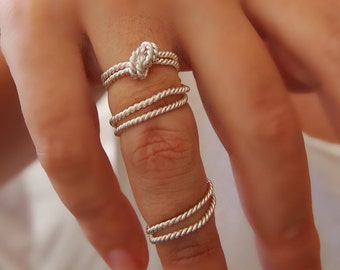 Rope Knot Full Finger Ring,  Sterling Silver String  Ring, Twist Two Rings with or without a Chain " With Only a Rope " Collection,