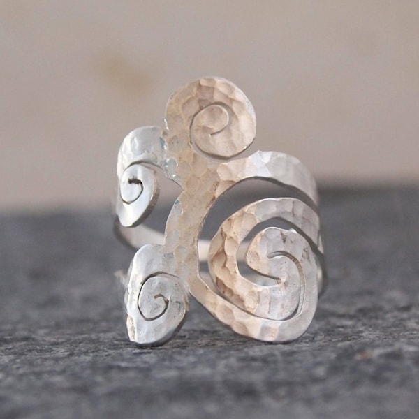 Spiral Ring, Hammered Sterling Silver Long Ring
