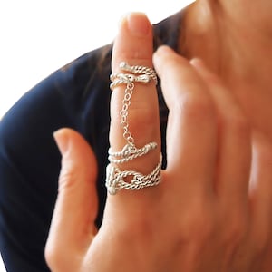 Rope Knot Full Finger Chained Ring in Sterling Silver, Nautical & Climb Jewelry,