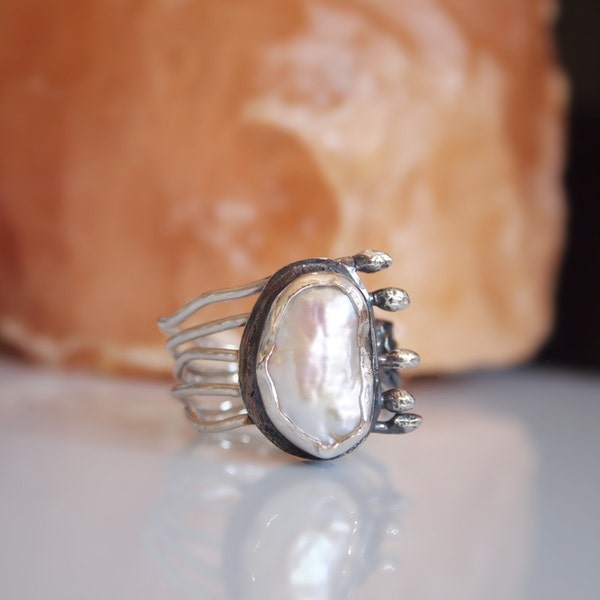 Natural Silver Pearl Ring - Unique Rings - Modern Free Form - Adjustable Between Size 7 to size 9 1/2 Ready to Ship - " Hands " Collection