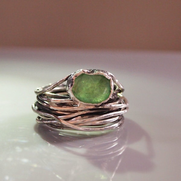 Emerald Gemstone Statement Ring, - Modern Abstract Third Eye, Sterling Silver- Handmade with Order