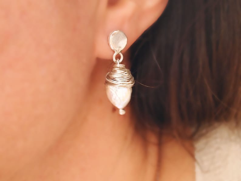 Bridal Jewelry Pearl Silver Pearl Drop Earrings Wire Wrapped Pearl Earrings