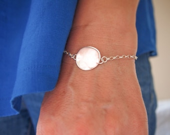 Pure Silver Metal Mirror Bracelet in Full Moon Form, Protection Bracelet, Disk Charm Bracelet, Sterling Silver Adjustable Chain