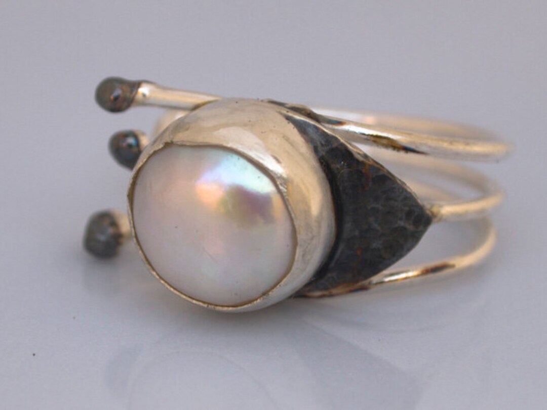 Pearl Ring, Bezel Set Pearl Ring, Modern Silver Jewelry, Oxidized