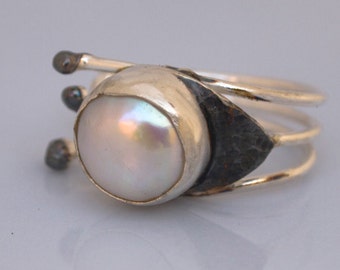 Pearl Ring, Bezel Set Pearl Ring, Modern Silver Jewelry, Oxidized Silver Ring